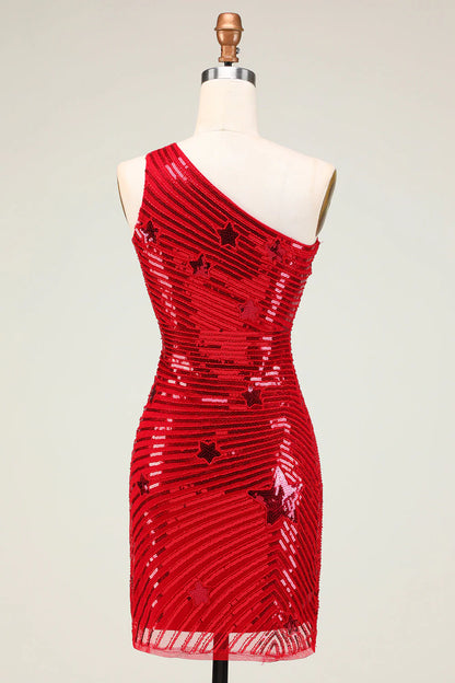 Amzcw Sparkly Red Sheath One Shoulder Sequins Short Homecoming Dress with Star