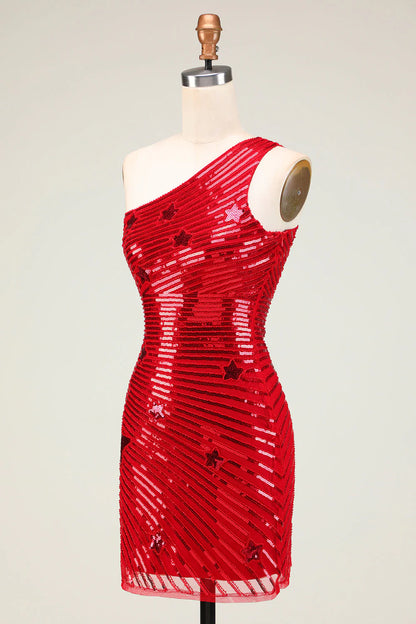 Amzcw Sparkly Red Sheath One Shoulder Sequins Short Homecoming Dress with Star