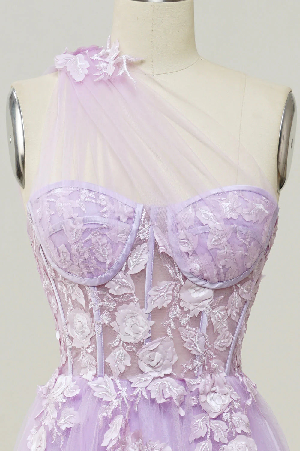 Elegante vestido de fiesta largo morado de corte A con un solo hombro y apliques 