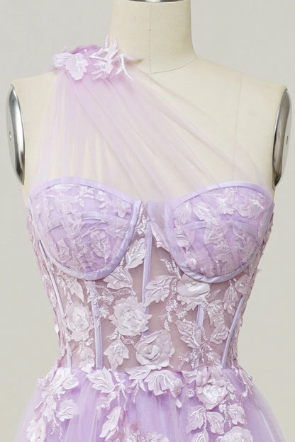 Elegante vestido de fiesta largo morado de corte A con un solo hombro y apliques 