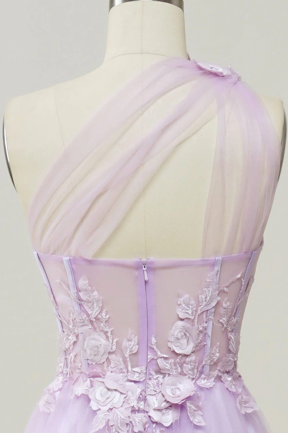 Elegante vestido de fiesta largo morado de corte A con un solo hombro y apliques 