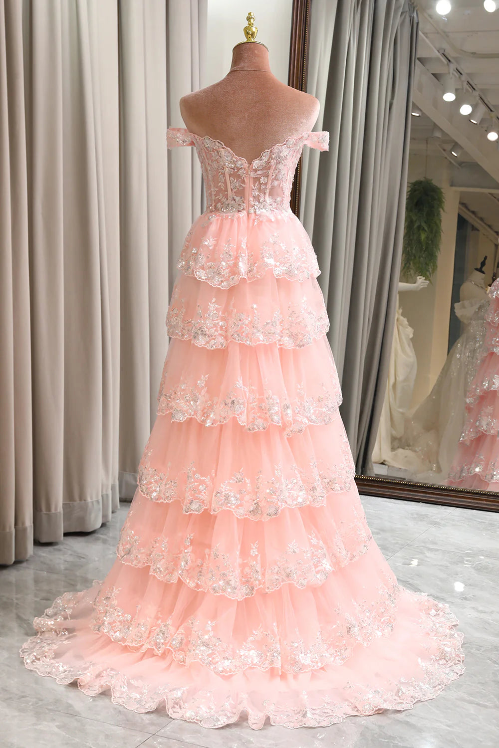 Amzcw Princess A Line Off the Shoulder Long Corset Sparkly Blush Prom Dress with Slit