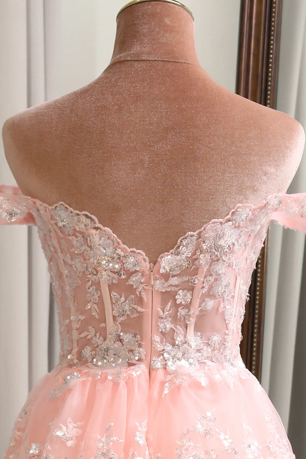 Amzcw Princess A Line Off the Shoulder Long Corset Sparkly Blush Prom Dress with Slit