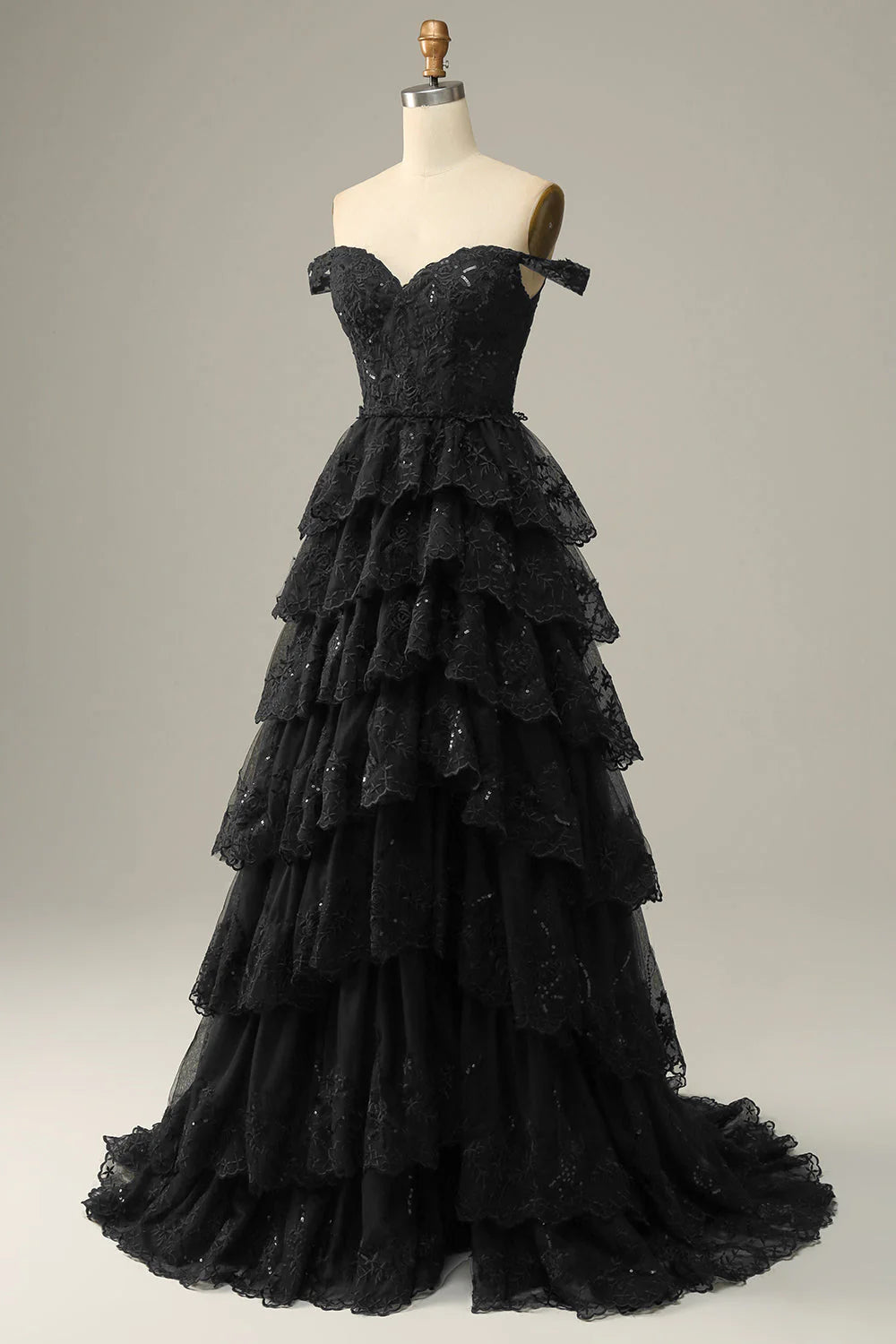 Amzcw Black Off The Shoulder Tiered Tulle Long Prom Dress With Slit