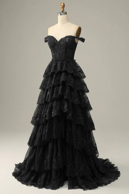 Amzcw Black Off The Shoulder Tiered Tulle Long Prom Dress With Slit