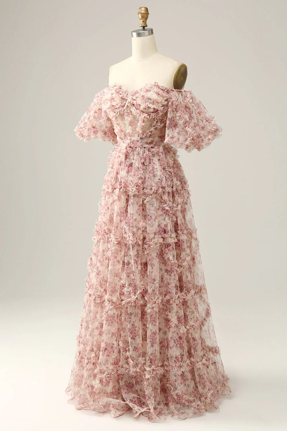 Amzcw White Red Flower Princess A Line Off The Shoulder Corset Long Prom Dress