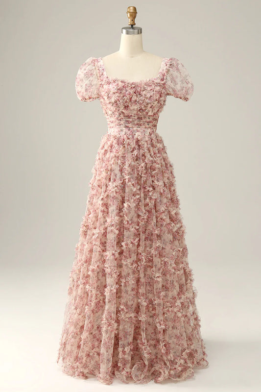 Vestido de fiesta con escote cuadrado y flores en color rojo marfil