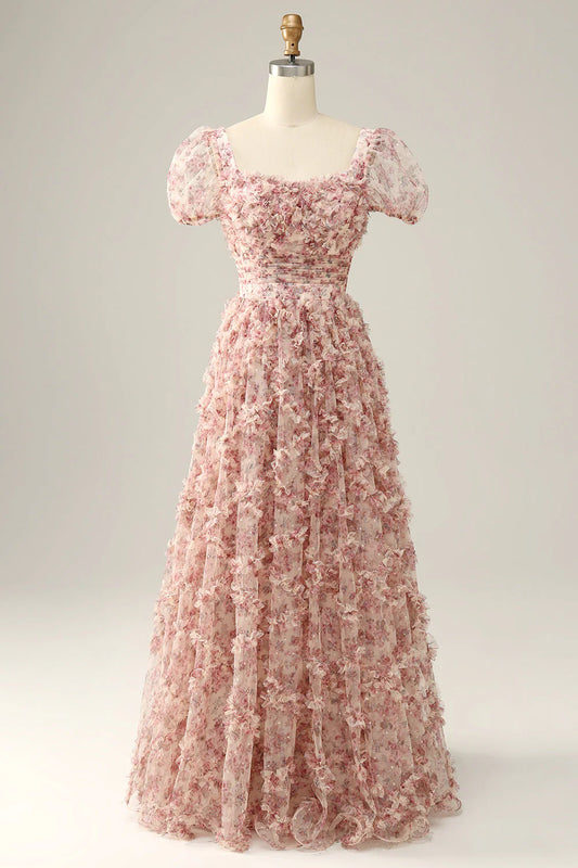 Amzcw Ivory Red Flower A Line Square Neck Tulle Long Prom Dress