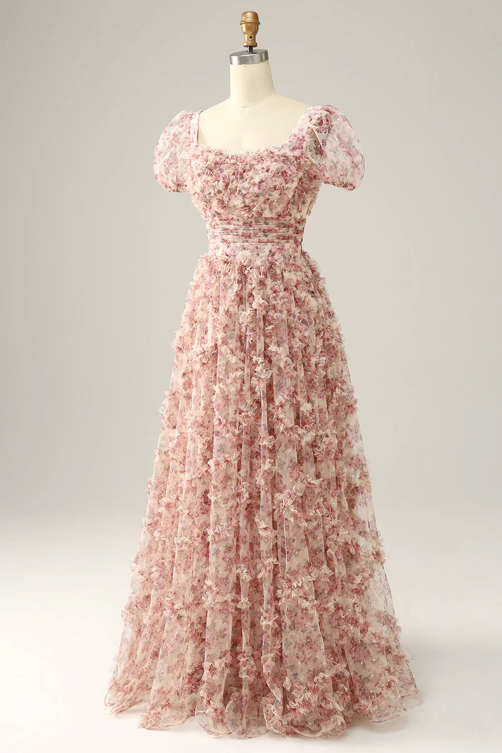 Vestido de fiesta con escote cuadrado y flores en color rojo marfil