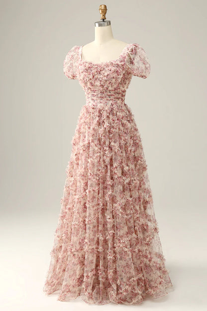 Vestido de fiesta con escote cuadrado y flores en color rojo marfil