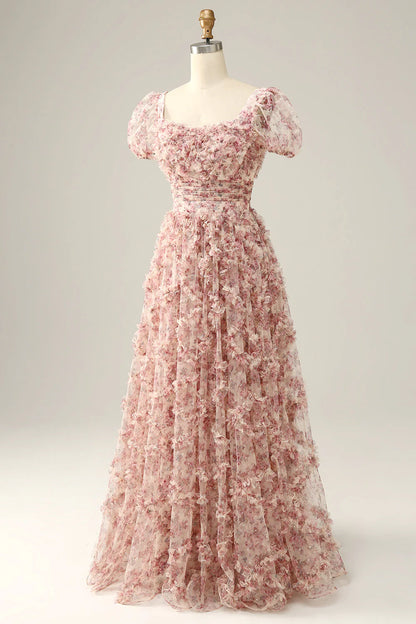 Amzcw Ivory Red Flower A Line Square Neck Tulle Long Prom Dress