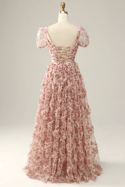 Vestido de fiesta con escote cuadrado y flores en color rojo marfil