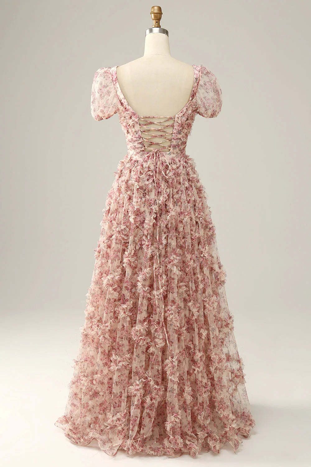 Amzcw Ivory Red Flower A Line Square Neck Tulle Long Prom Dress