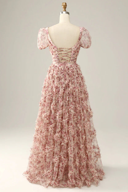 Amzcw Ivory Red Flower A Line Square Neck Tulle Long Prom Dress