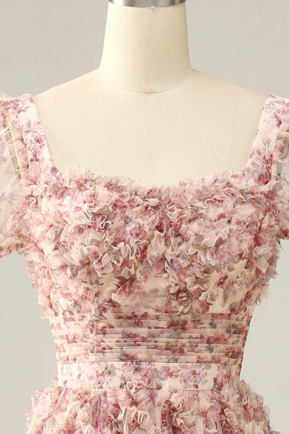 Vestido de fiesta con escote cuadrado y flores en color rojo marfil