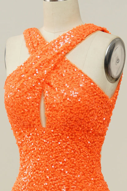 Amzcw Orange Sheath Halter Sequined Backless Mermaid Prom Dress prom dresses with long sleeves