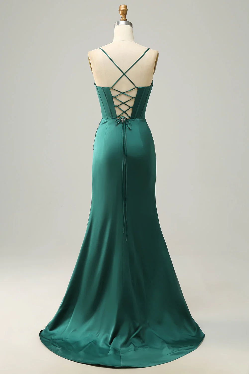 Amzcw Dark Green Mermaid Spaghetti Straps Long Prom Dress With Slit prom dresses with long sleeves