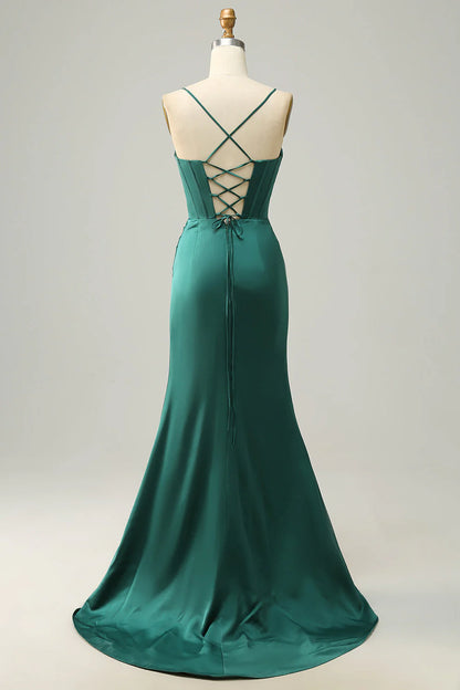 Amzcw Dark Green Mermaid Spaghetti Straps Long Prom Dress With Slit prom dresses with long sleeves