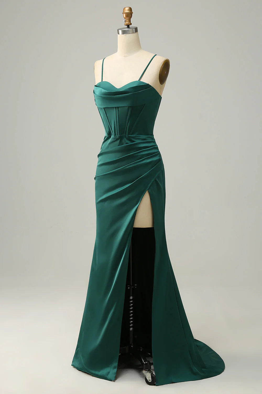 Amzcw Dark Green Mermaid Spaghetti Straps Long Prom Dress With Slit prom dresses with long sleeves