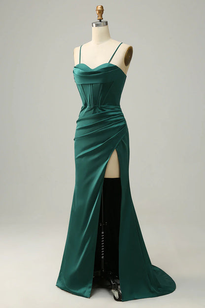 Amzcw Dark Green Mermaid Spaghetti Straps Long Prom Dress With Slit prom dresses with long sleeves