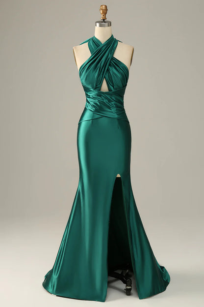 Vestido de fiesta de sirena con cuello halter, encaje y abertura, color verde oscuro 