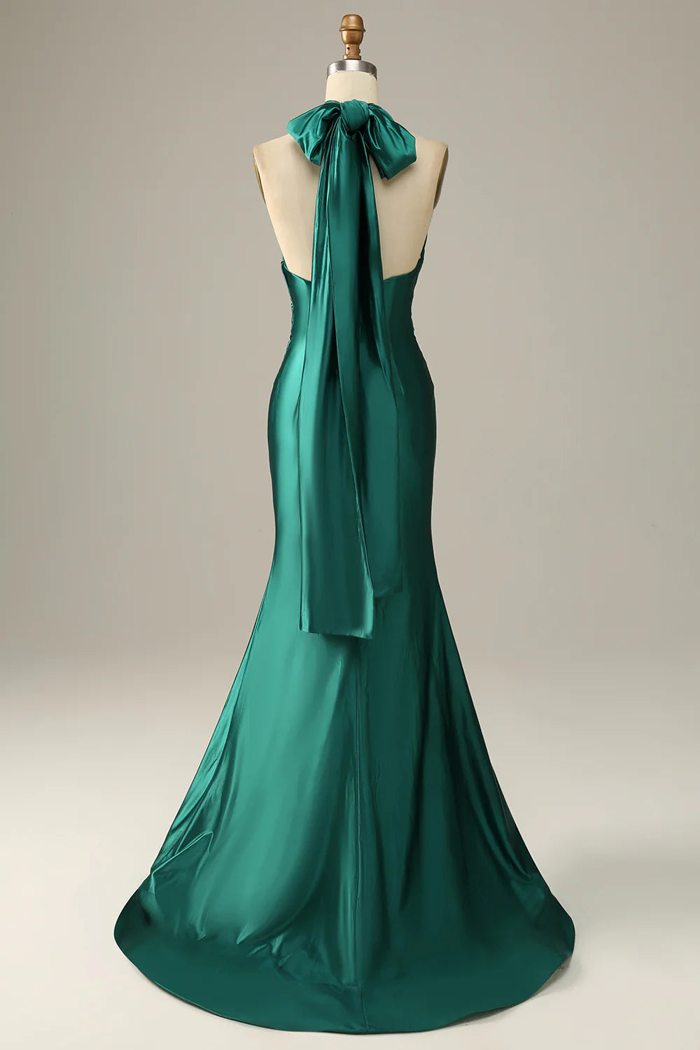 Vestido de fiesta de sirena con cuello halter, encaje y abertura, color verde oscuro 