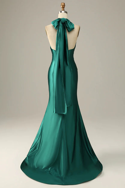 Vestido de fiesta de sirena con cuello halter, encaje y abertura, color verde oscuro 