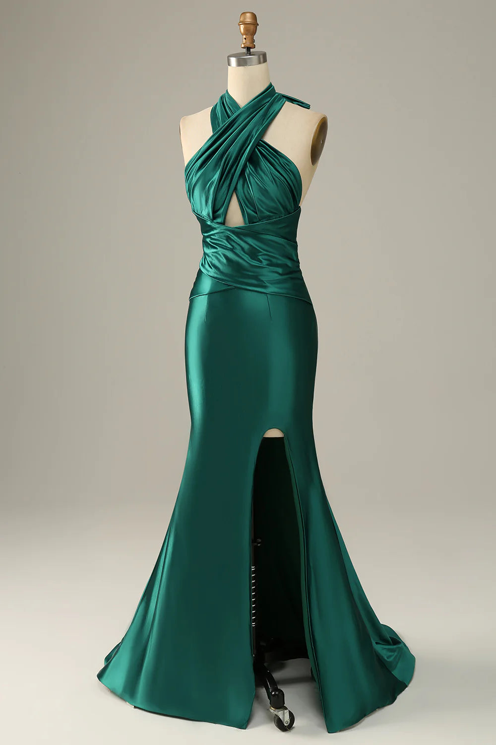 Vestido de fiesta de sirena con cuello halter, encaje y abertura, color verde oscuro 