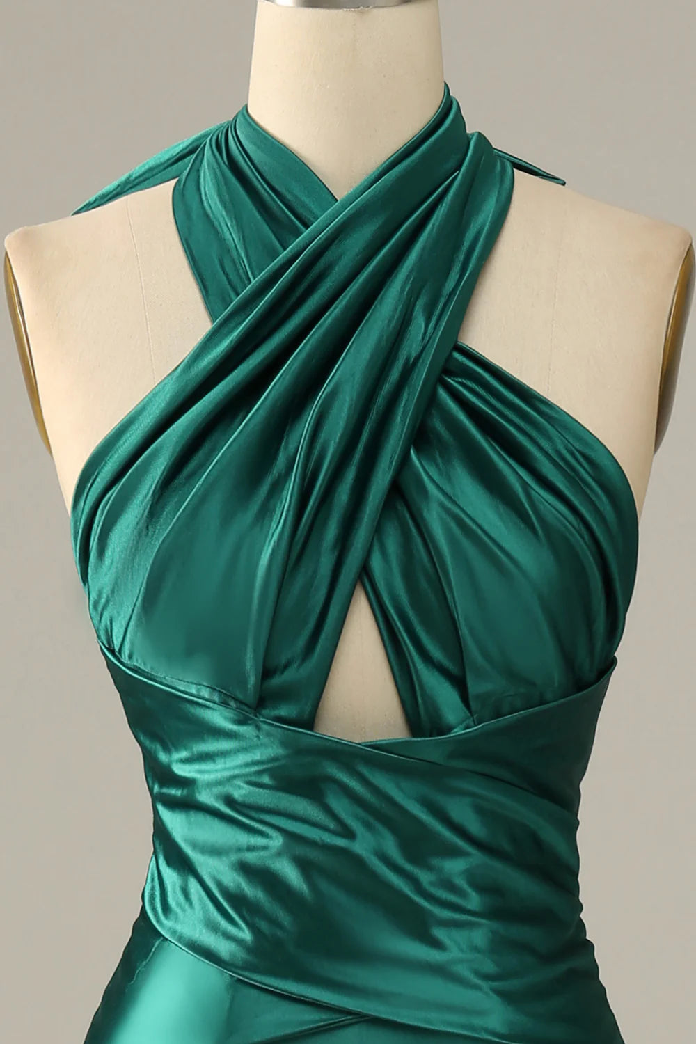 Vestido de fiesta de sirena con cuello halter, encaje y abertura, color verde oscuro 