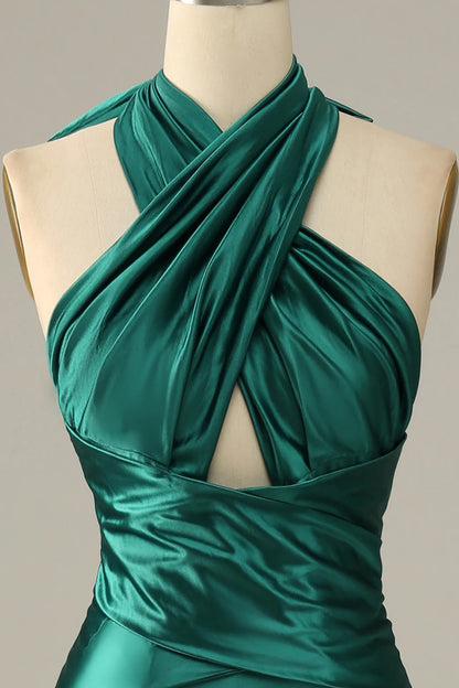 Vestido de fiesta de sirena con cuello halter, encaje y abertura, color verde oscuro 
