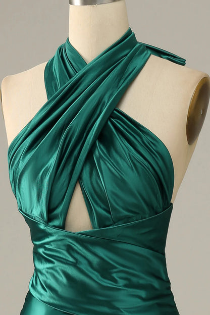 Vestido de fiesta de sirena con cuello halter, encaje y abertura, color verde oscuro 