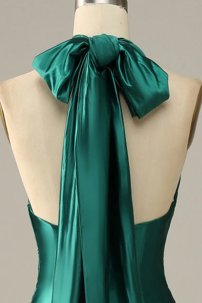 Vestido de fiesta de sirena con cuello halter, encaje y abertura, color verde oscuro 