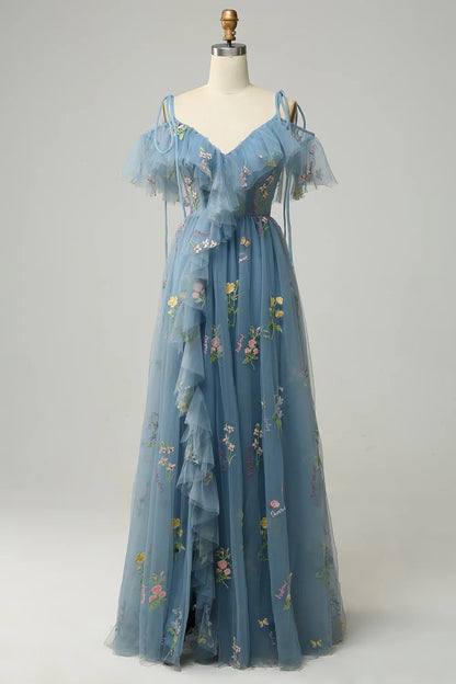 Vestido de fiesta largo negro con escote en V, tirantes finos, bordado y abertura