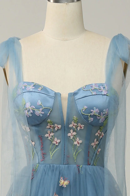 Amzcw A-Line Spaghetti Straps Corset Grey Blue Prom Dress With Embroidery