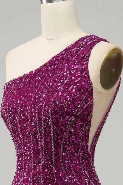 Vestido de fiesta de lentejuelas con un hombro al descubierto y abertura 