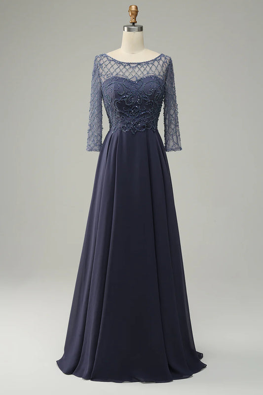 Vestido de madre de la novia con mangas largas y cuentas 