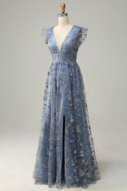 Amzcw A Line Deep V Neck Grey Blue Plus Size Prom Dress with Embroidery