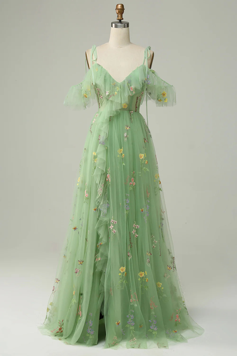 Amzcw Green A-Line Spaghetti Straps V-Neck Embroidered Prom Dress with Slit