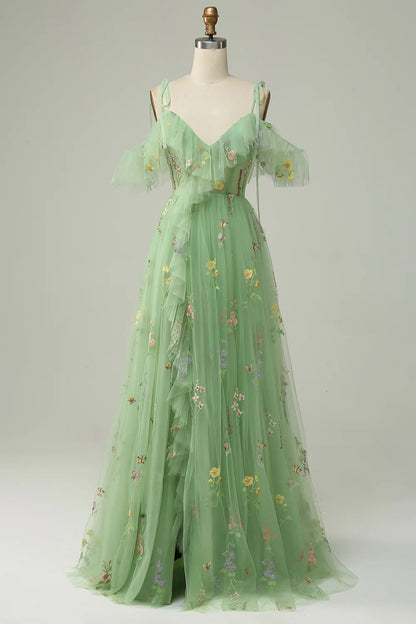 Amzcw Green A-Line Spaghetti Straps V-Neck Embroidered Prom Dress with Slit