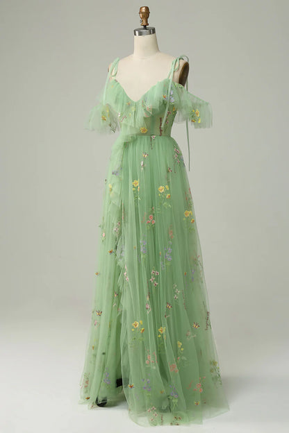 Amzcw Green A-Line Spaghetti Straps V-Neck Embroidered Prom Dress with Slit