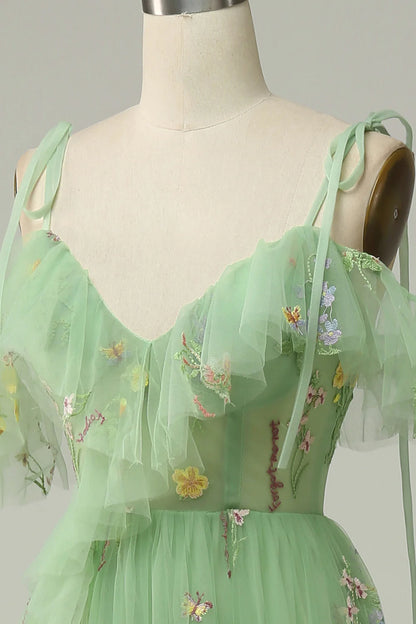 Amzcw Green A-Line Spaghetti Straps V-Neck Embroidered Prom Dress with Slit