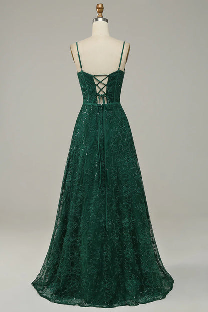 Vestido de fiesta con corsé y tirantes finos de encaje verde oscuro