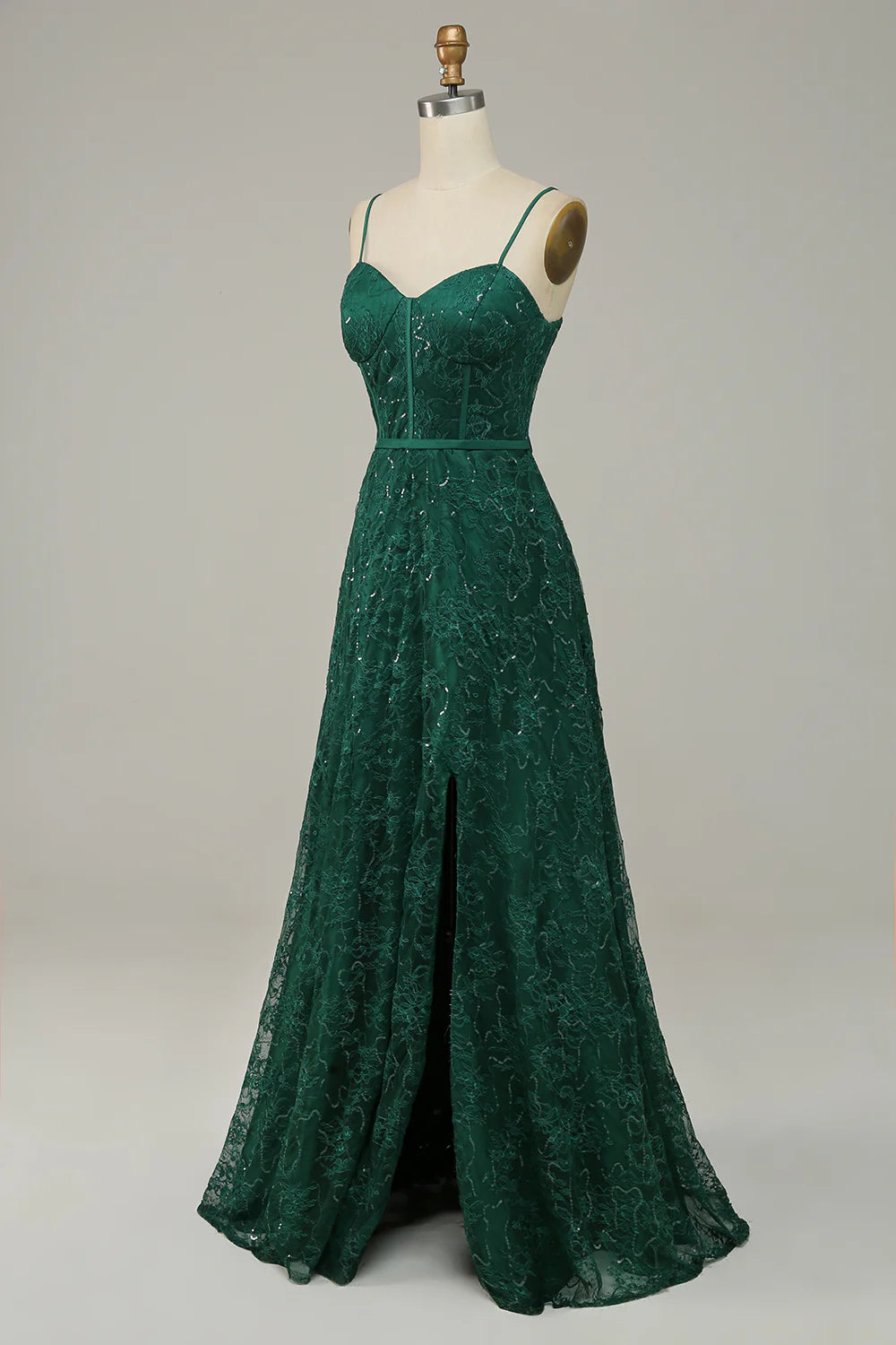 Vestido de fiesta con corsé y tirantes finos de encaje verde oscuro
