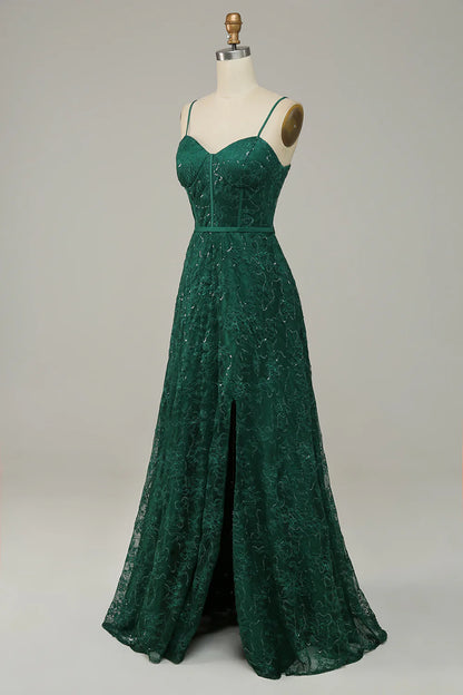 Vestido de fiesta con corsé y tirantes finos de encaje verde oscuro