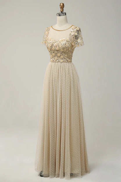 Vestido de fiesta formal de tul color albaricoque con lentejuelas y apliques en forma de A 