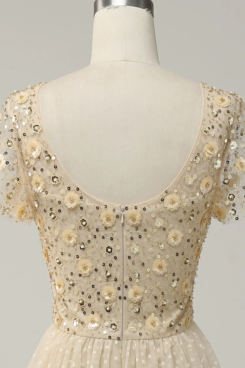 Vestido de fiesta formal de tul color albaricoque con lentejuelas y apliques en forma de A 