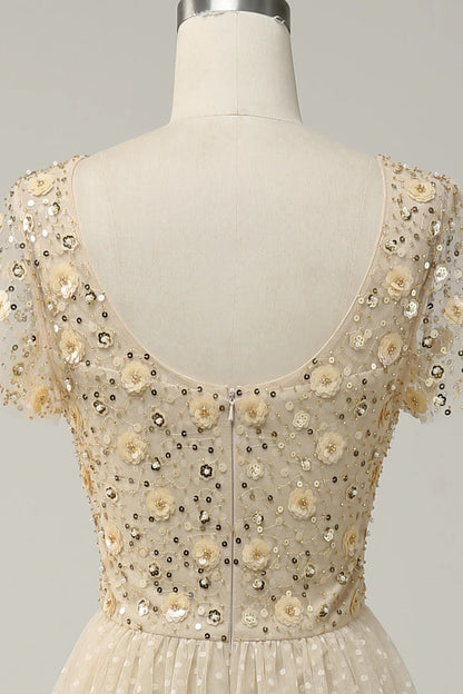 Vestido de fiesta formal de tul color albaricoque con lentejuelas y apliques en forma de A 