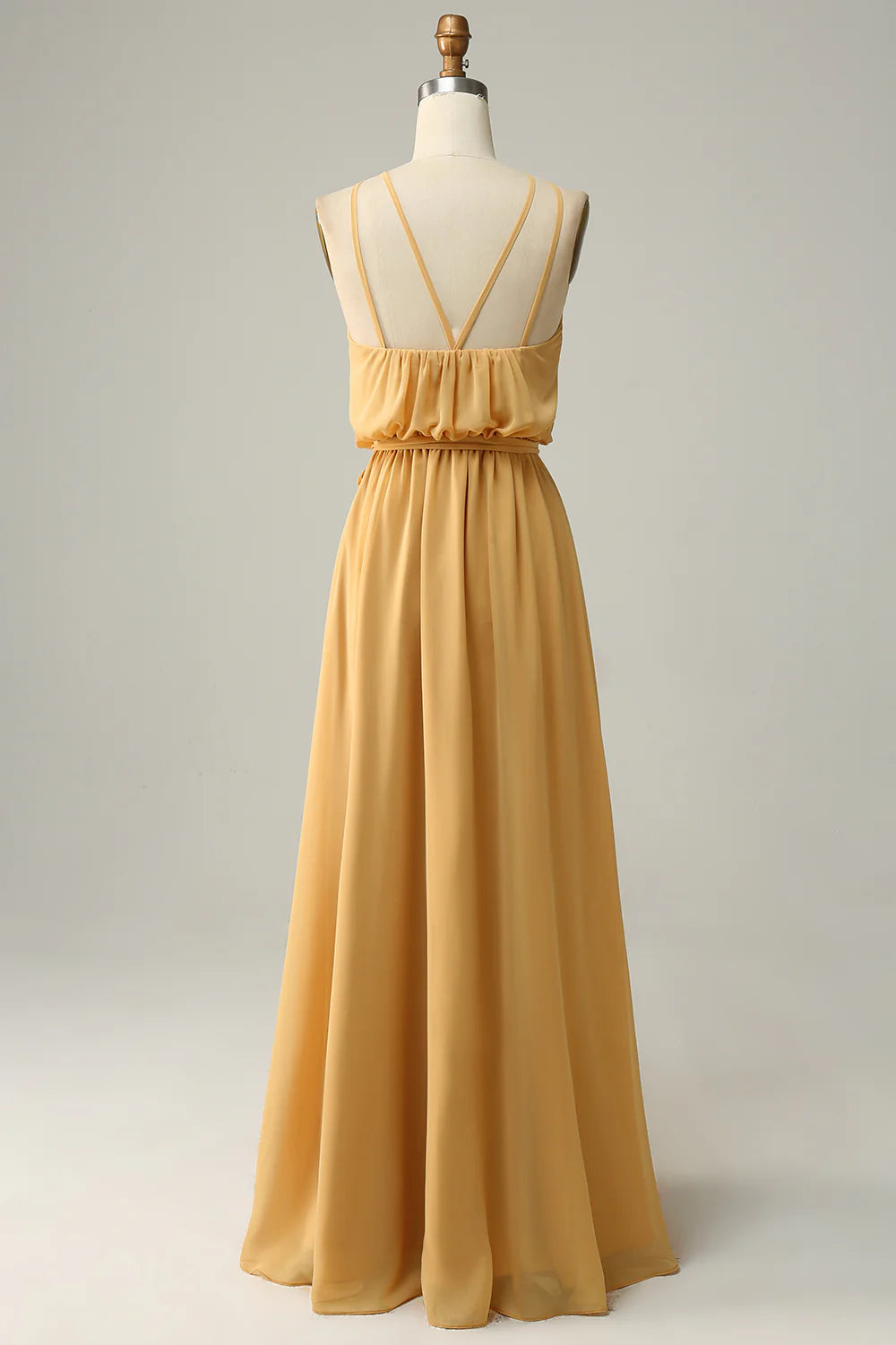 Vestido de dama de honor largo amarillo con cuello halter y lazo de Amzcw 