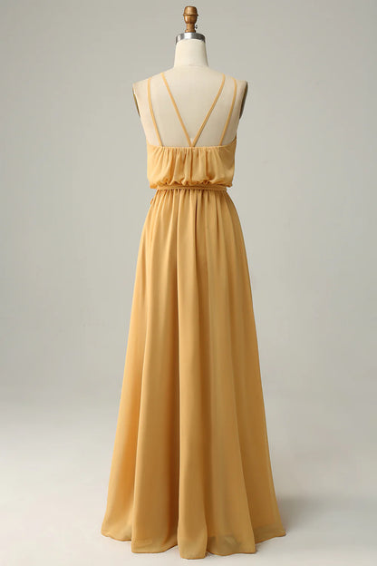 Vestido de dama de honor largo amarillo con cuello halter y lazo de Amzcw 
