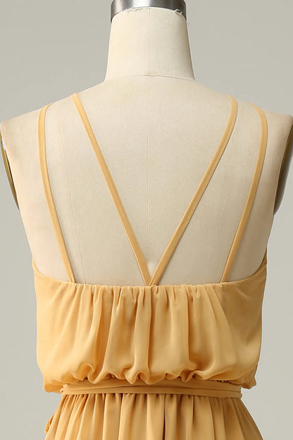 Vestido de dama de honor largo amarillo con cuello halter y lazo de Amzcw 